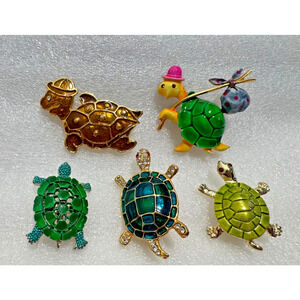 Vtg Lot 5 Turtle Brooches LG Enamel Hobo Rhinestone Tortoise Pins Green Foil +